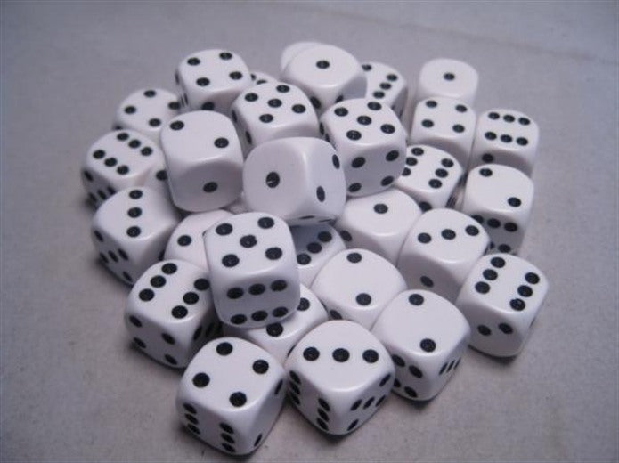 Chessex Dice: Opaque 12mm d6 White/black Dice Block (36 dice)