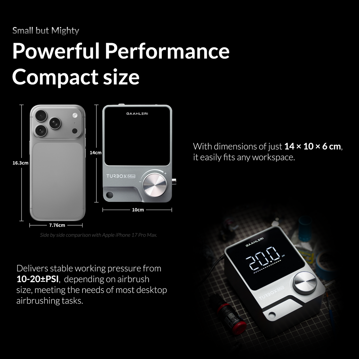 TurboX Mini size compared with a phone