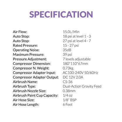 GTS-06 Serenair and CS-36 airbrush specifications