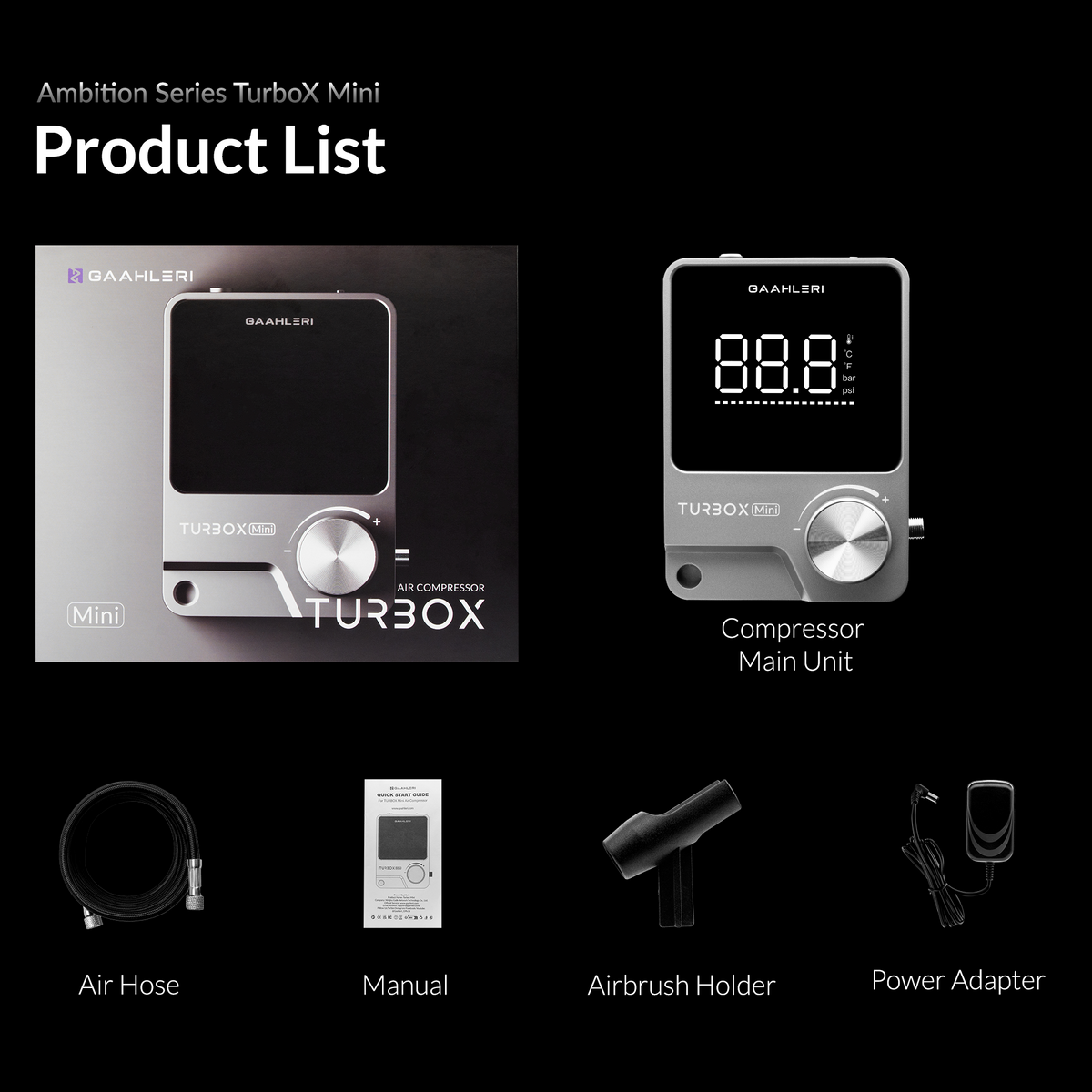 TurboX Mini box contents: compressor, air hose, manual, airbrush holder and power adapter