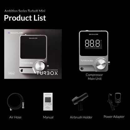 TurboX Mini box contents: compressor, air hose, manual, airbrush holder and power adapter