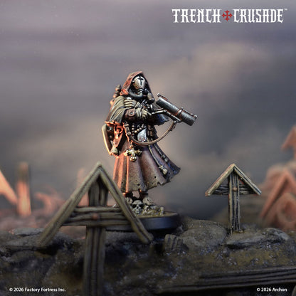 A painted Trench Crusade Sniper Priest aiming a rifle from a ruined wall
