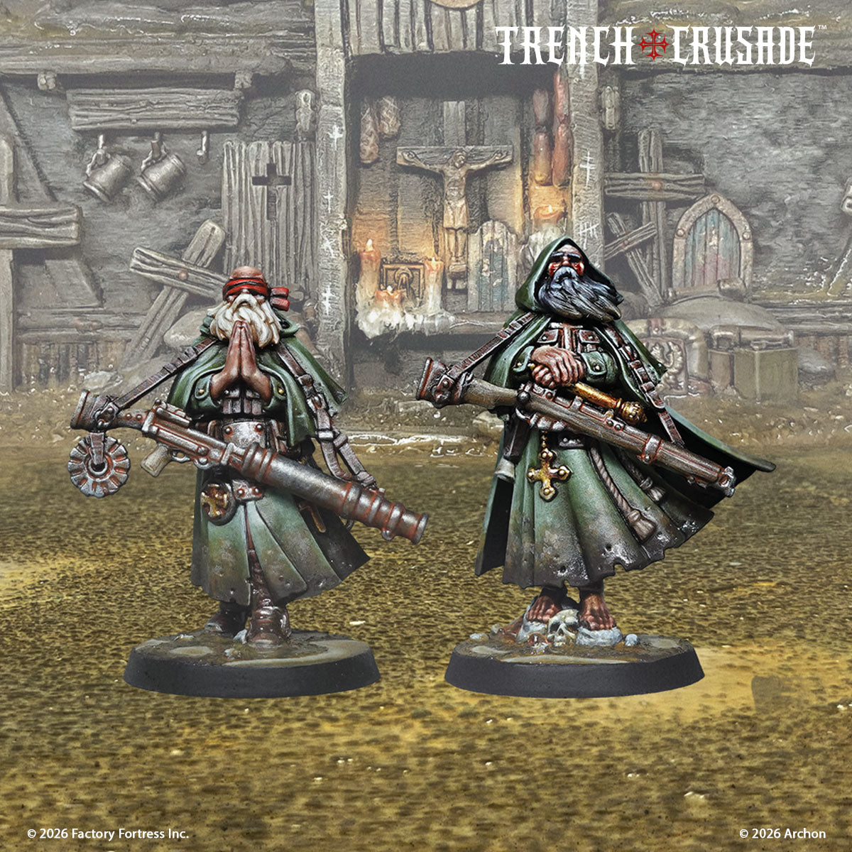 Two painted Sniper Priests in front of a ruined building