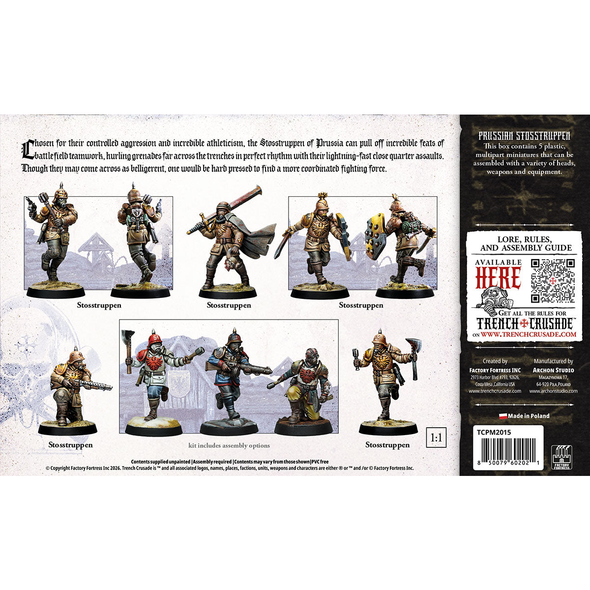 Back of the Trench Crusade Prussian Stosstruppen box, showing the painted models