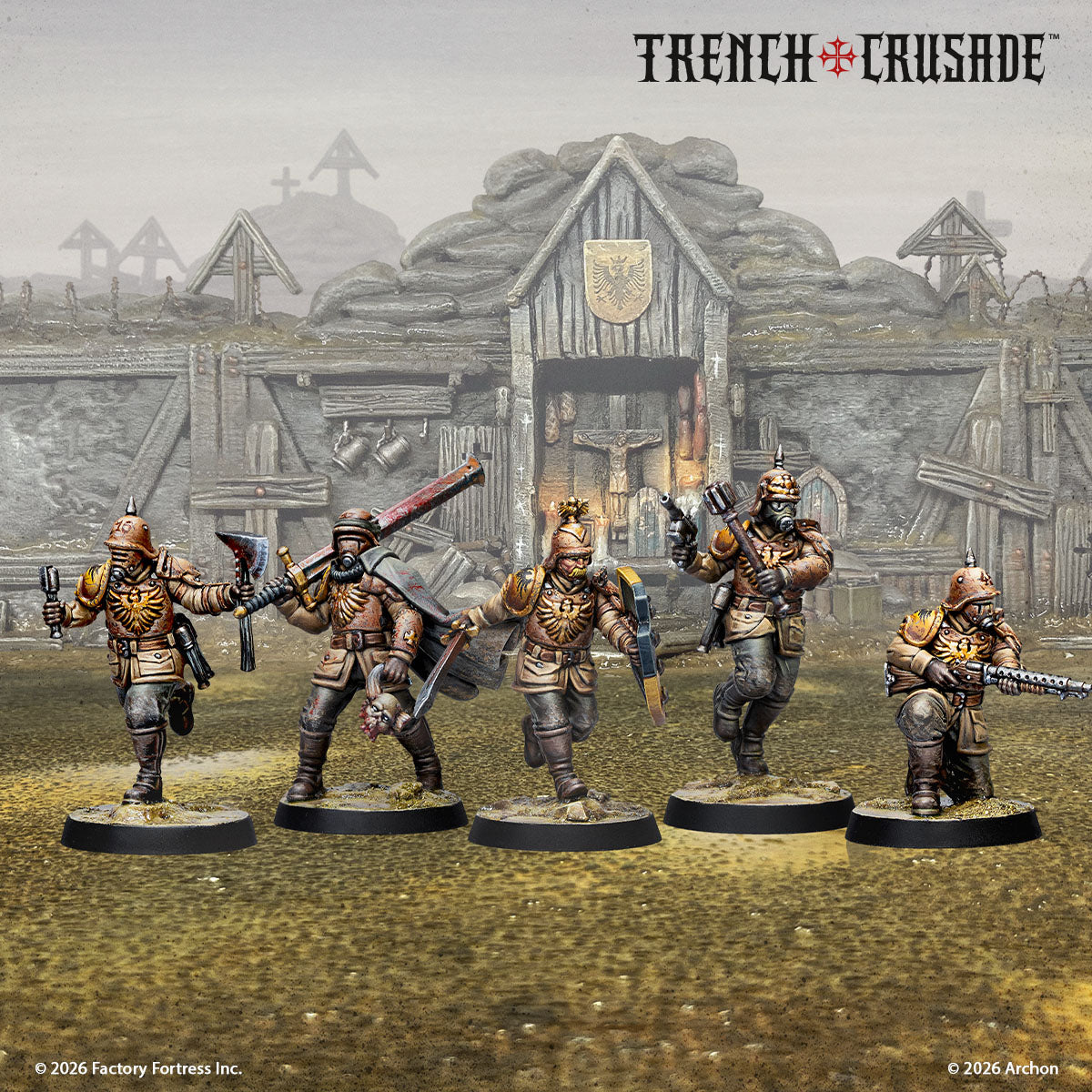 Five painted Prussian Stosstruppen in front of a ruined building