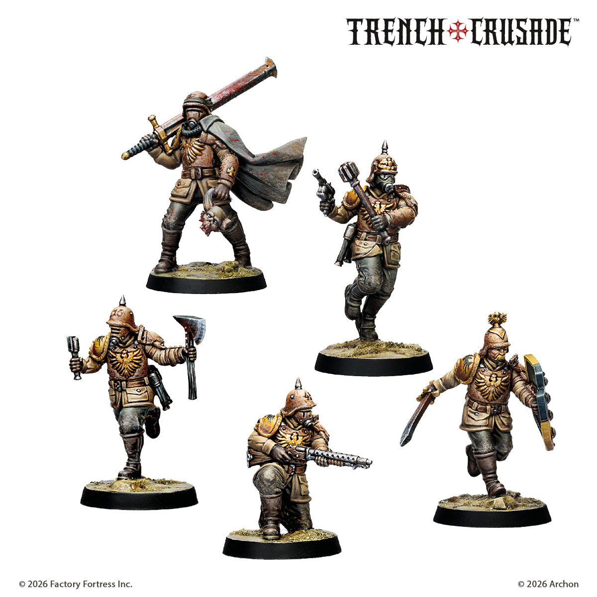 Five painted Prussian Stosstruppen on a white background