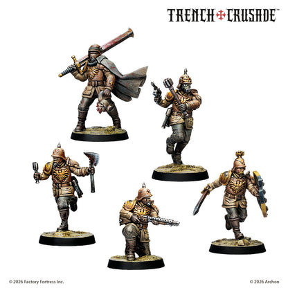 Five painted Prussian Stosstruppen on a white background