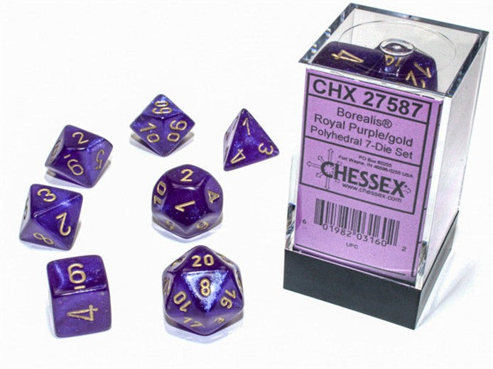 Chessex Dice: Borealis Polyhedral Royal Purple/gold Luminary 7-Die Set