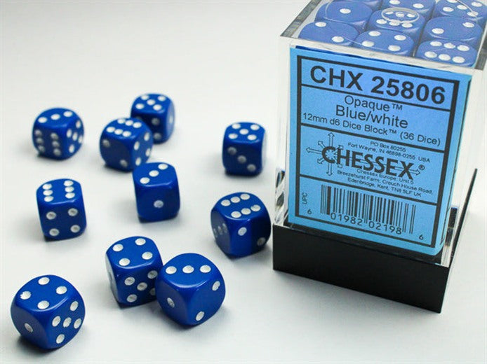 Chessex Dice: Opaque 12mm d6 Blue/white Dice Block (36 dice)