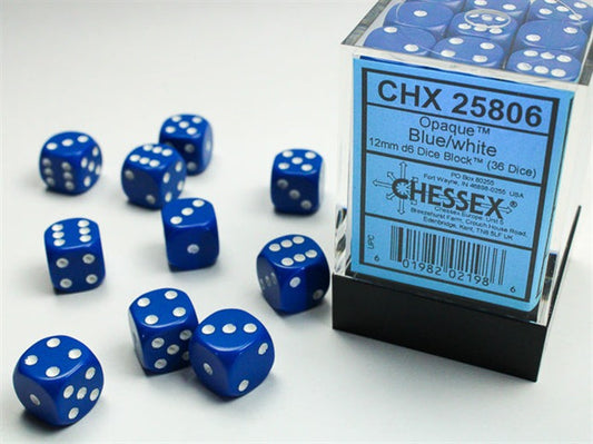 Chessex Dice: Opaque 12mm d6 Blue/white Dice Block (36 dice)