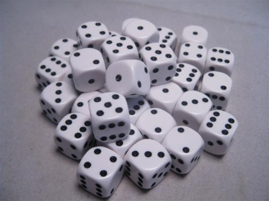 Chessex Dice: Opaque 12mm d6 White/black Dice Block (36 dice)